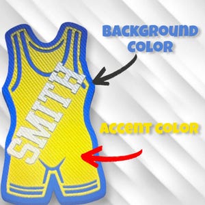 May include: A yellow wrestling singlet with blue trim and the name "SMITH" printed on the front. The singlet is a popular choice for wrestlers of all ages and skill levels.