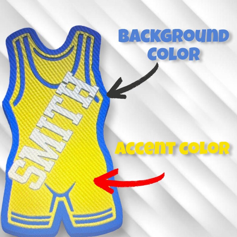 May include: A yellow wrestling singlet with blue trim and the name "SMITH" printed on the front. The singlet is a popular choice for wrestlers of all ages and skill levels.
