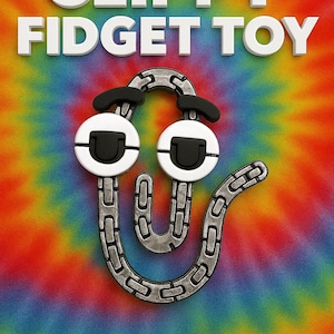 May include: A novelty fidget toy shaped like a smiling paperclip with white eyes and black accents. The text "CLIPPY FIDGET TOY" is displayed above the paperclip in white letters. The background is a tie-dye pattern of red, orange, yellow, green, blue, and purple.