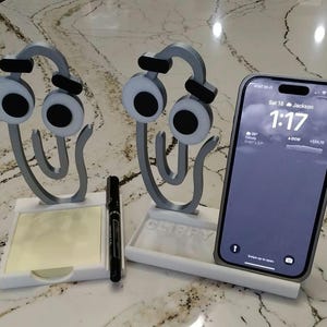 3d printed Microsoft Clippy with Post it Notes or Mag Safe Wireless iPhone base.