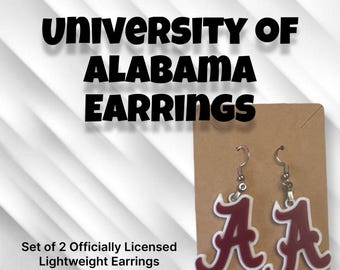 May include: University of Alabama earrings. Set of 2 officially licensed lightweight earrings featuring the Alabama 'A' logo in crimson red with white trim.