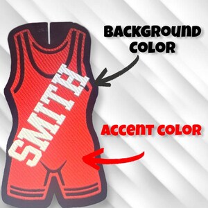 May include: Red wrestling singlet with black trim and white lettering that says "SMITH" on the front. The singlet has a black accent color around the neck and armholes.