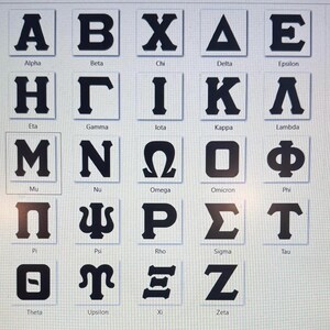 May include: A chart of the Greek alphabet with the letters in black and the names of the letters in black text below each letter.