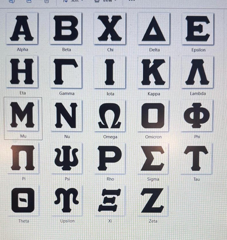 May include: A chart of the Greek alphabet with the letters in black and the names of the letters in black text below each letter.