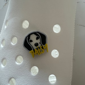 May include: White shoe with a black and white dog charm with the word "Daisy" in yellow letters.