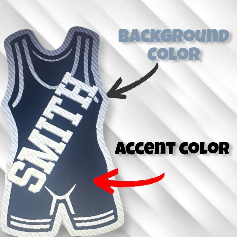 May include: A navy blue wrestling singlet with white trim and the name "SMITH" printed on the front in white.
