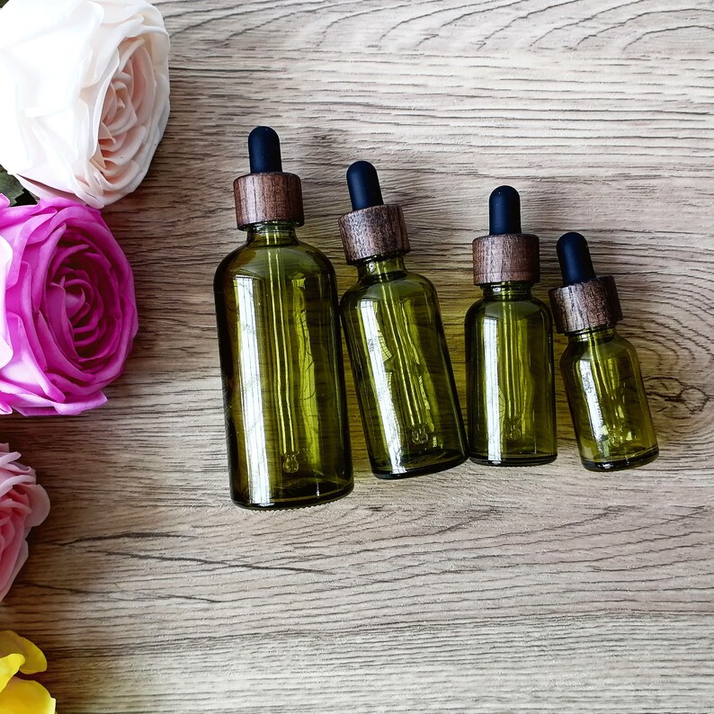 Eye Dropper Bottles With Wood Lids, Olive Green Glass Tincture Bottles
