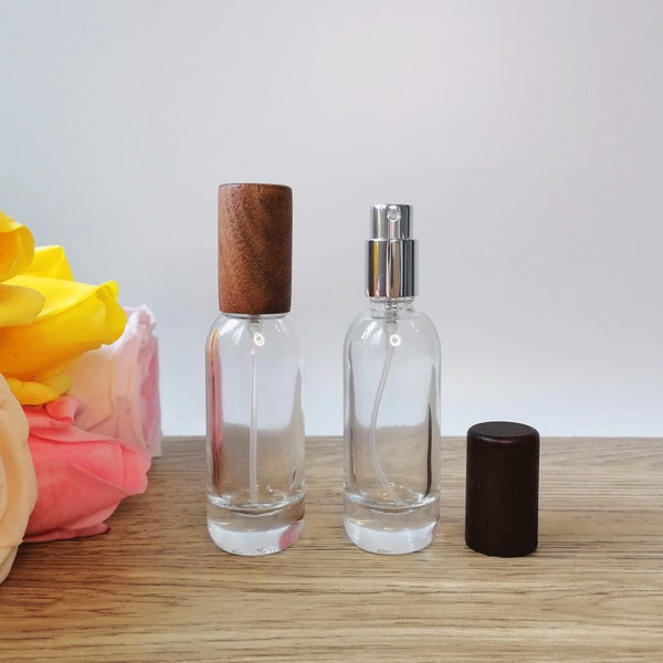 15ml Clear Glass Spray Bottles with Wood Lid, Silver Sprayer for Essential Oils, Perfume, Empty Small Fine Mist Spray Bottle for Travel