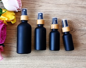 Matte Black Glass Spray Bottles for Essential Oils, Empty Small Fine Mist Spray Bottle, Perfume Bottles with Bamboo Sprayer