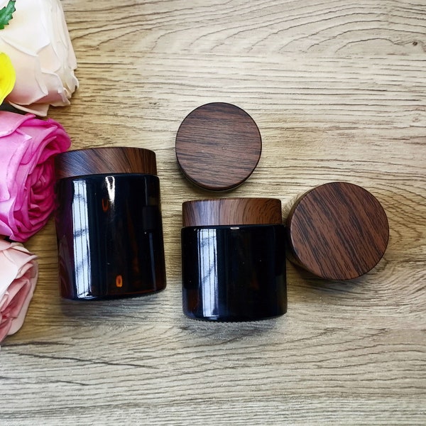 Amber Glass Cream Jars, Refillable Cosmetic Containers, Round Empty Glass Jars with Inner Liners and Wood Grain Printing Lids