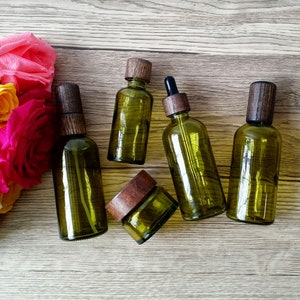 Conjunto de embalagens de vidro para cosméticos, recipiente de vidro verde-oliva para cosméticos, conjunto de embalagens de beleza para cuidados com a pele, conta-gotas/frasco/spray/rolo/frasco de tônico
