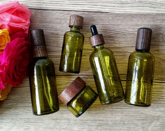 Glazen cosmetische verpakkingsset, olijfgroene glazen cosmetische container, schoonheidsverpakkingsset voor huidverzorging, druppelaar/pot/spray/roller/tonerfles