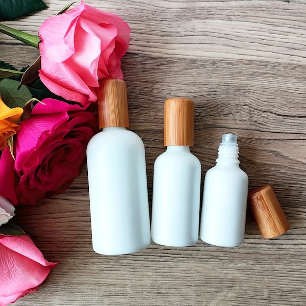 10~100ml White Glass Essential Oils Roller Bottles, Roll on Bottles with Steel Roller Balls Natural Bamboo Wood Cap for Aromatherapy Perfume