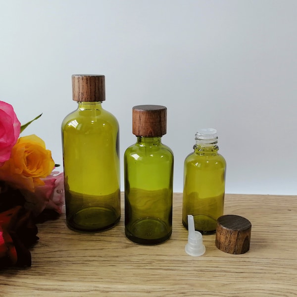 Olive Green Glass Essential Oil Sample Bottles Vials with Orifice and Natural Wood Cap for Perfume Aromatherapy Container