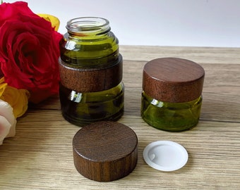 15g 30g 50g Olive Green Glass Cosmetic Jars Wood Lids Bottles Natural Cosmetic Packaging, Makeup Containers for Sample, Cream, Lotion