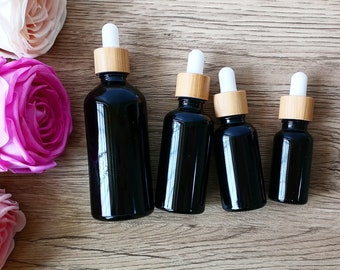 Zwart glazen cosmetische container voor geur, etherische olie, cosmetische verpakkingen voor parfum, vloeistof, reisformaat glazen flessen Bamboe deksel