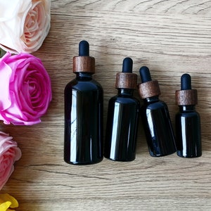 Black Glass Eye Dropper Bottles with Wood Lids Essential Oil Tincture Bottles with Long Dropper, Leakproof Perfume Bottle for Cosmetic