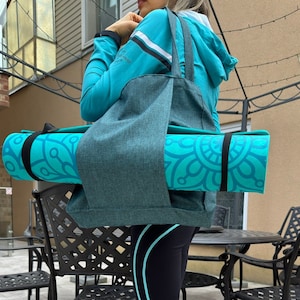 Blaugrün Yogamatte Tragetasche, Minimalistische Sporttasche, Strapazierfähiger Yogamattenhalter aus Stoff, Fitnesszubehör für den täglichen Gebrauch, Umweltfreundliche Yogatasche.