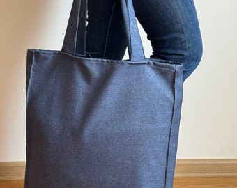 Bolso tote azul oscuro, bolso de mercado, bolso de compras resistente al agua, bolso de tela de estilo minimalista, bolso reutilizable, bolso hecho a mano con bolsillos