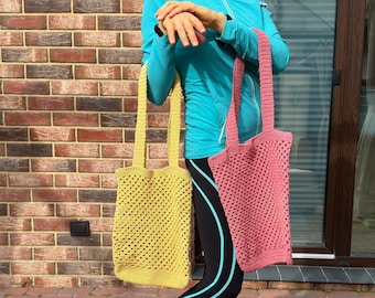 Set de 2 bandoleras tejidas a mano en crochet, bolsos de colores hechos a mano, bandoleras color rosa suave y amarillo, set de bolsos de verano, regalo del día de la madre.