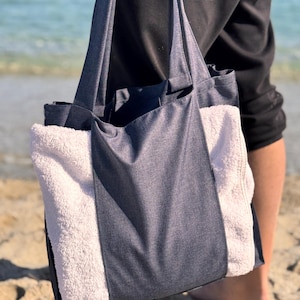 Herren Strandtasche, Dunkelblaue Strandtuchtasche, Minimalistische Sommertasche, handgefertigte Tasche für Pool oder Urlaub, Gebrauchs-Reisetasche für Männer