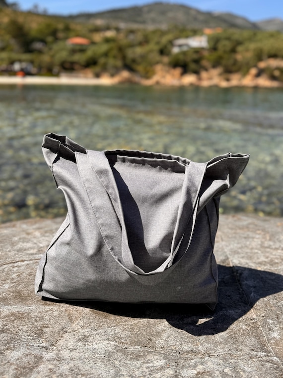Men's Grey Fabric Tote Bag Open Top, Minimalist Beach Bag for