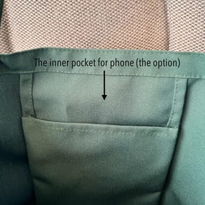 The pocket for phone inside the tote bag.