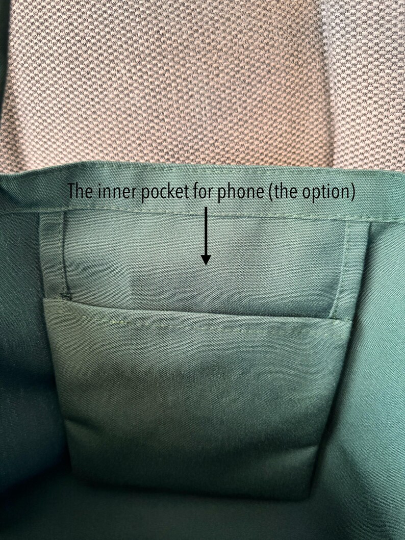 The pocket for phone inside the tote bag.