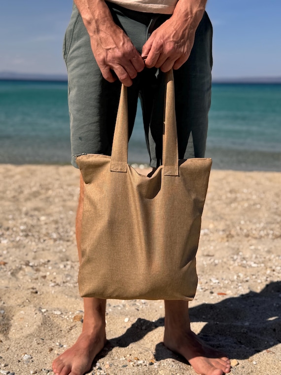 Beige Zippered Tote Bag for Men, Minimalist Tote Bag With Pocket