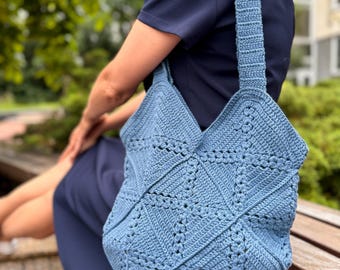 Handmade blue crochet shoulder bag, Geometric boho market tote, Textured slouchy handbag, Everyday carryall, Gift for her, Eco crochet purse