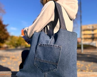 Upcycled denim tote bag, Handmade jeans handbag, Eco-friendly shopping bag, Casual denim tote, Bag with pocket, Unique bag for everyday.