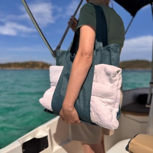Dunkelgrüne Strandtasche, Minimalistische Handtuchtasche, Handgemachte Gebrauchs-Sommertasche, Ungefütterte Stofftasche, Pooltasche für das Reisewochenende