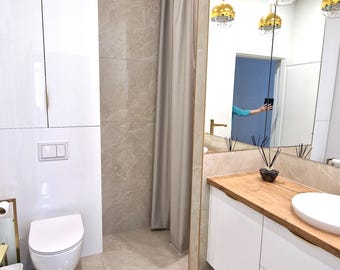 Beige water-resistant shower curtain, Cool grey shade bathroom curtain, Custom long beige shower curtain, Elegant and durable bathroom decor