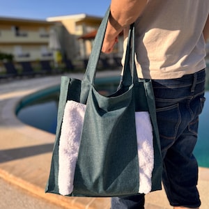 Dunkelgrüne Einkaufstasche, Türkis Strandtasche im minimalistischen Stil, Handgefertigte Schultertasche mit Handtuchtasche, Funktionelle Tasche für Männer, Geschenk für Schwimmer