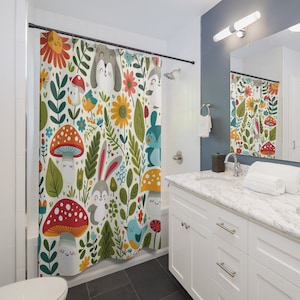 Forest Friends Shower Curtain,Children&#39;s Whimsical Shower Curtain,Kids Funny and cute shower curtain,Adorable animal and flower curtain