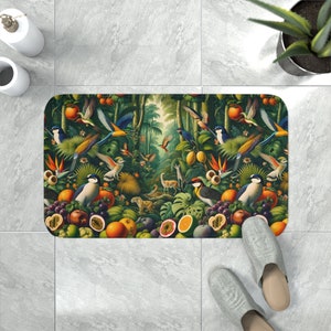 Tapis de bain en mousse à mémoire de forme jungle tropicale-tapis de bain jungle tropicale-faune exotique et fruits-tapis-safari aventure-bain-bain amazonien TP011