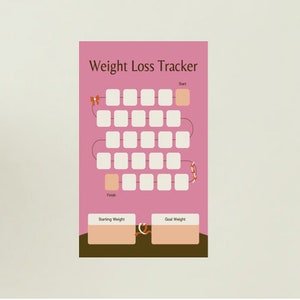 May include: Pink weight loss tracker chart with a grid of squares to mark off progress. The chart has a start and finish point with a path to follow. It also has spaces to write in starting and goal weights.