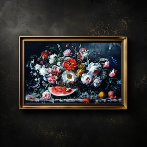 Wilder Blumenstrauß mit Obst als Stillleben. Digitale Kunst im alte Meister Stil im Querformat mit bunten Farben auf dunklen Hintergrund