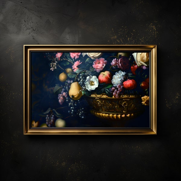 Gemälde mit goldenen Obstkorb, dominiert von bunte Blumen mit roten Trauben, digitale Kunst im Alte Meister Stil im Querformat