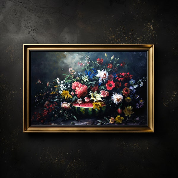 Wilder Blumenstrauß kombiniert mit einer Wassermelone im Stillleben, digitale Kunst im Alte Meister Stil im Querformat