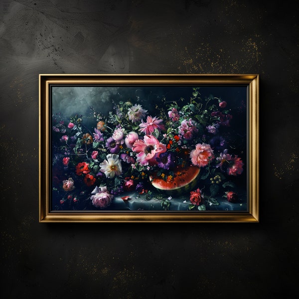 Wilde lila Blumen umspielen eine Wassermelone, digitale Kunst im Alte Meister Stil im Querformat