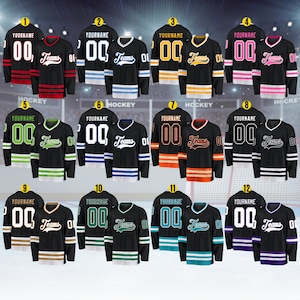 May include: Twelve different hockey jerseys with black, white, and various colored stripes. Each jersey has a white number "00" and the word "Teams" in a white, cursive font. The jerseys are numbered 1 through 12.