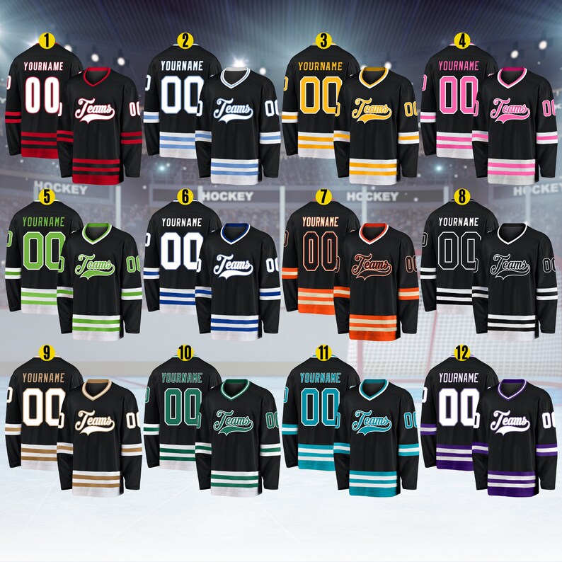 May include: Twelve different hockey jerseys with black, white, and various colored stripes. Each jersey has a white number "00" and the word "Teams" in a white, cursive font. The jerseys are numbered 1 through 12.