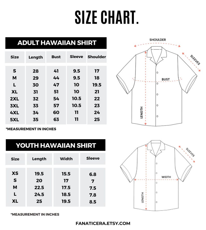 May include: Size chart for adult and youth Hawaiian shirts. Includes measurements in inches for length, bust, sleeve, shoulder, and width. Diagrams illustrate measurement points. The text "FANATICERA.ETSY.COM" is at the bottom.