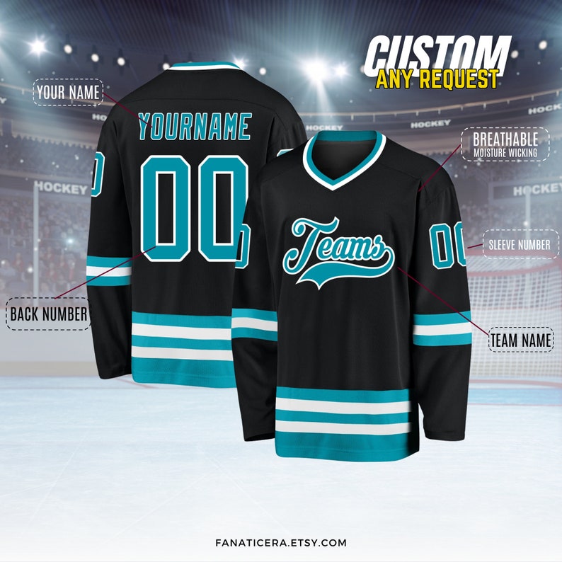 May include: Black hockey jersey with teal and white stripes. The jersey has a customizable name and number on the back, and the word "Teams" in teal on the front. The jersey is breathable and moisture-wicking.