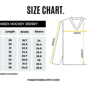 May include: Size chart for a unisex hockey jersey with measurements in inches for length, width, and sleeve length. Sizes range from S to 5XL.