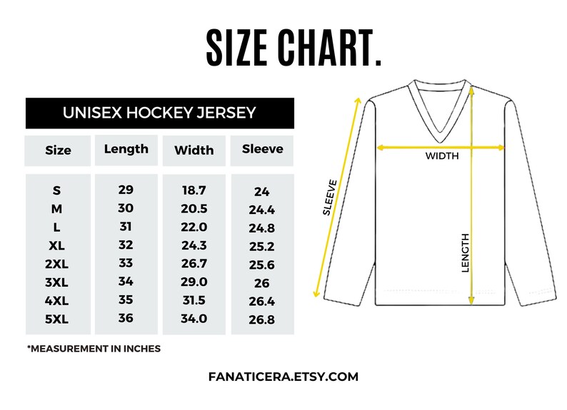 May include: Size chart for a unisex hockey jersey with measurements in inches for length, width, and sleeve length. Sizes range from S to 5XL.