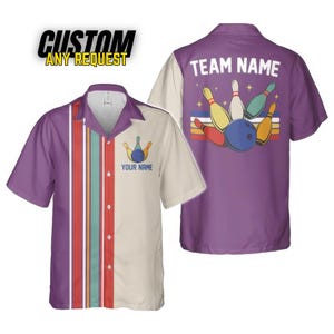 May include: Bowling shirt with a purple and cream color block design. The front features a bowling pin graphic and the text "YOUR NAME". The back has a bowling pin graphic and the text "TEAM NAME". The shirt has a button-down front and short sleeves.
