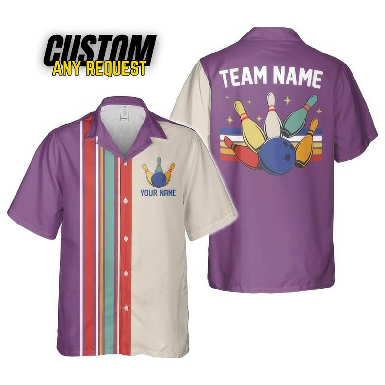 May include: Bowling shirt with a purple and cream color block design. The front features a bowling pin graphic and the text "YOUR NAME". The back has a bowling pin graphic and the text "TEAM NAME". The shirt has a button-down front and short sleeves.