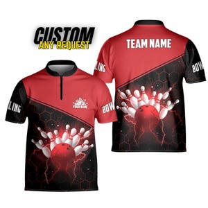 May include: Red and black bowling jersey with a design of bowling pins and a bowling ball. The jersey has the text "TEAM NAME" on the back and "YOUR NAME" on the front.